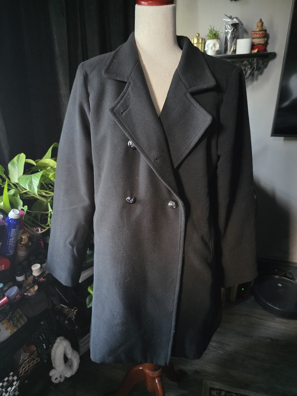 Midnight Hour Black Double-Breasted Pea Coat Size L